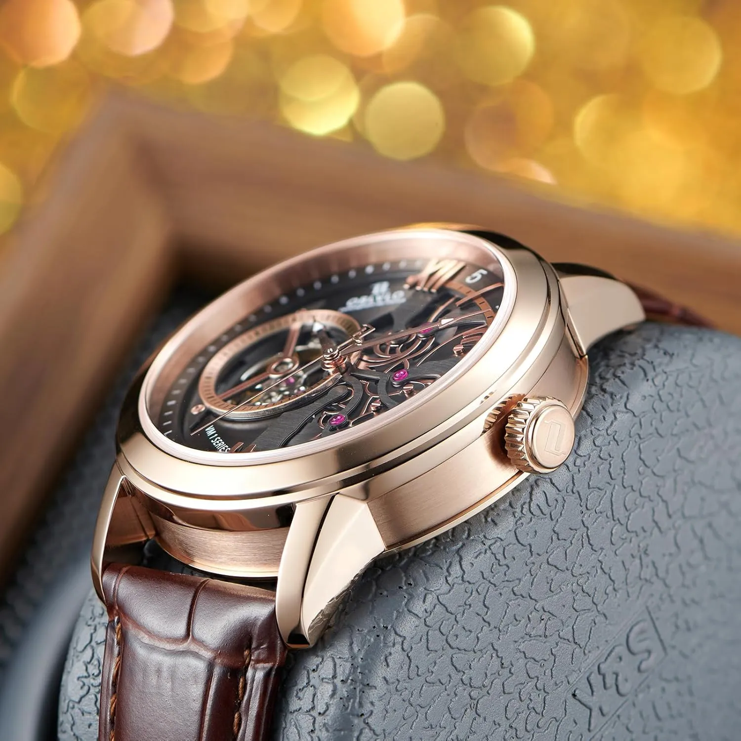 Blue Skeleton Dial, Rose Gold Case, Leather instinctively Band Luxury Automatic Watch, 