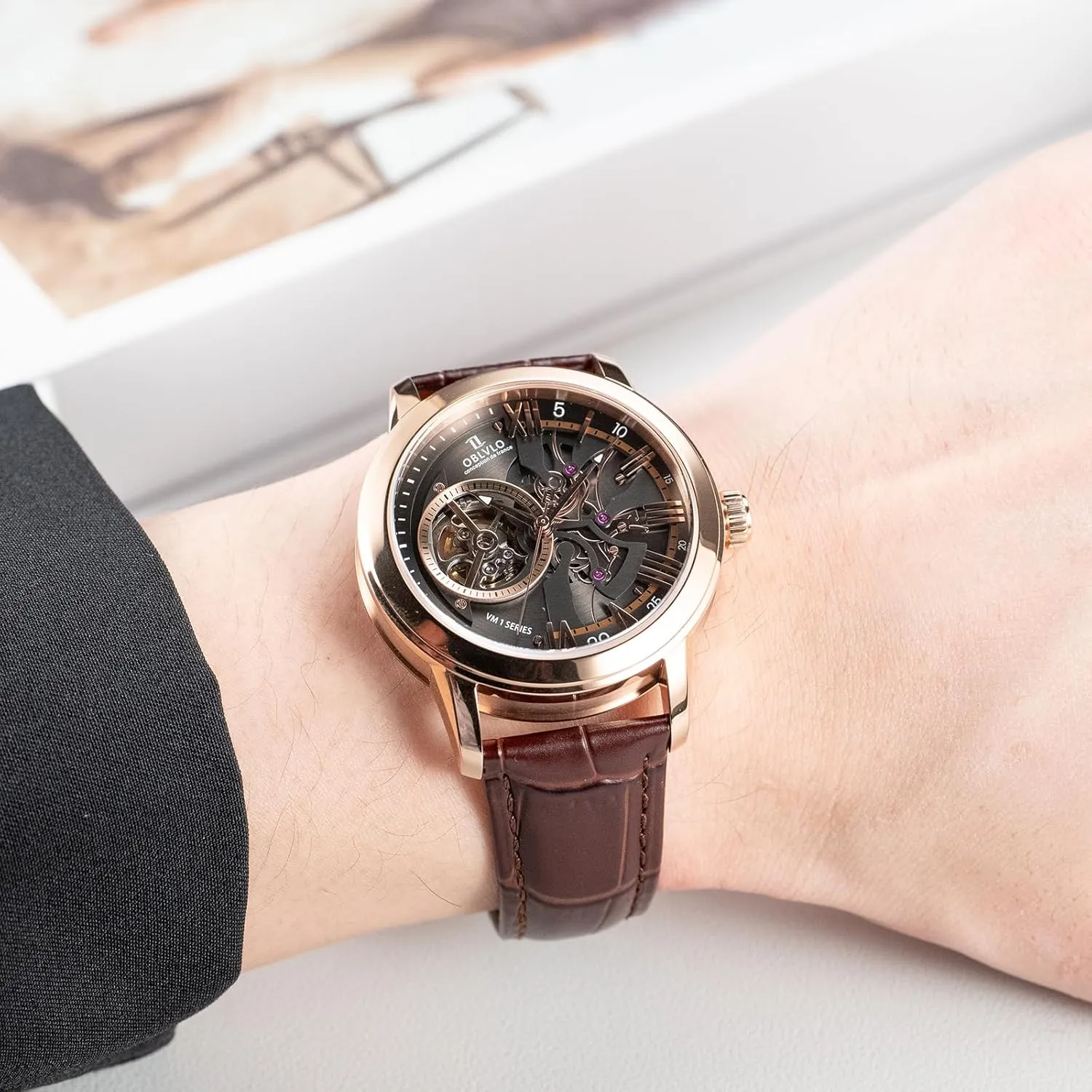 Blue Skeleton Dial, Rose Gold Case, Leather instinctively Band Luxury Automatic Watch, 