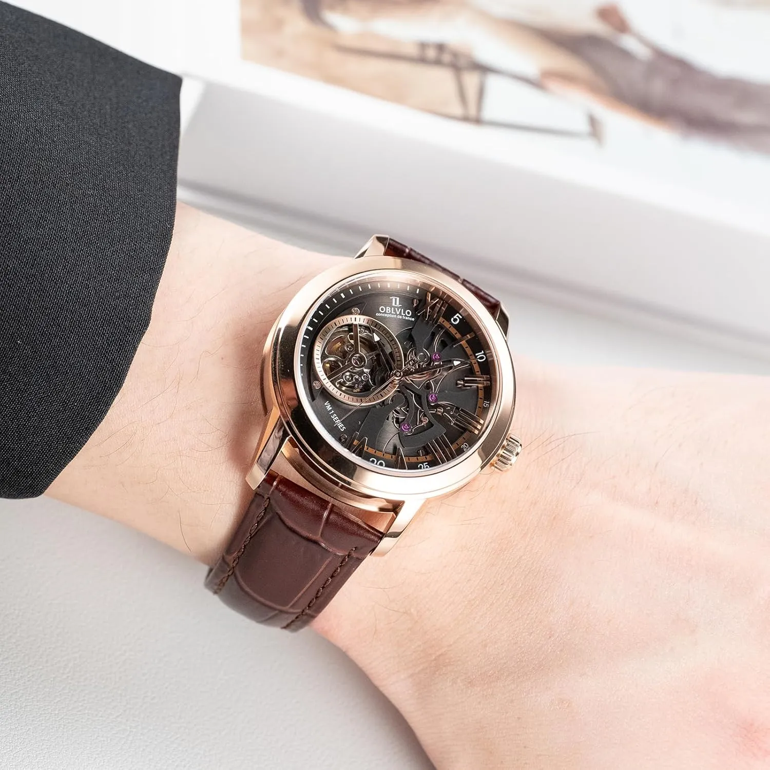 Blue Skeleton Dial, Rose Gold Case, Leather instinctively Band Luxury Automatic Watch, 