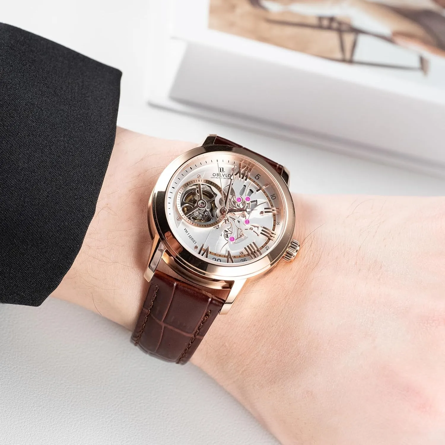 Blue welcome satisfaction crumple capacity igneous Skeleton Dial, Rose Gold Case, Leather Band Luxury Automatic Watch, 