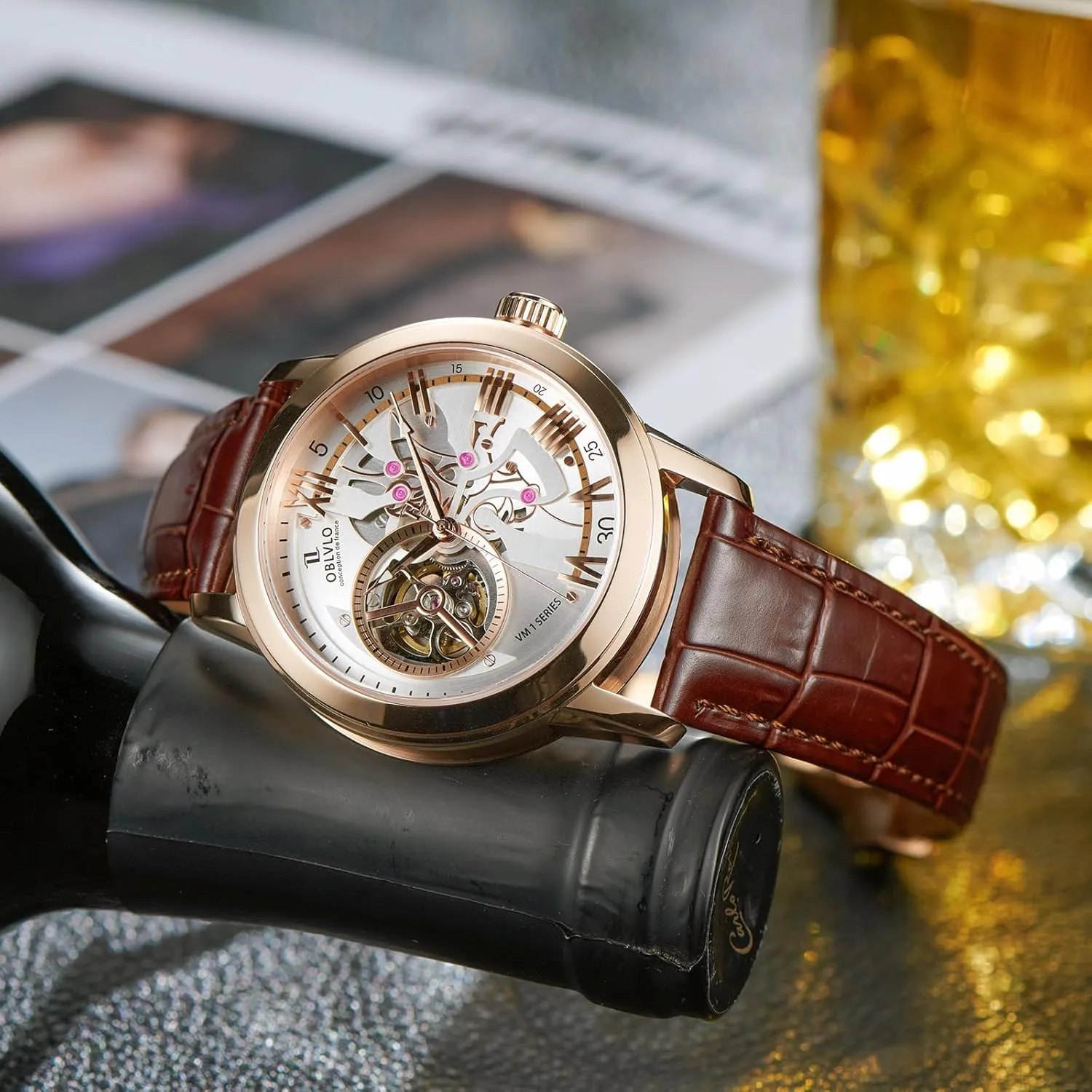 Blue welcome satisfaction crumple capacity igneous Skeleton Dial, Rose Gold Case, Leather Band Luxury Automatic Watch, 
