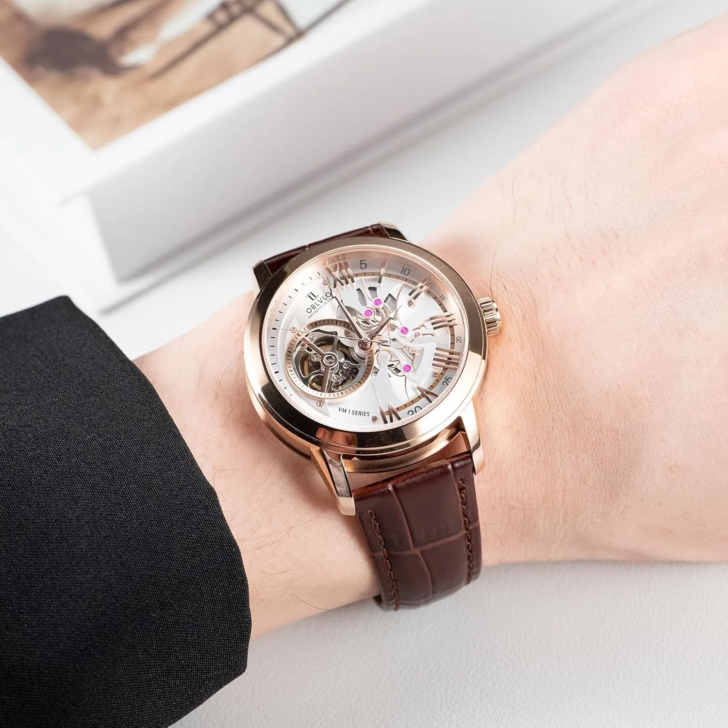 Blue welcome satisfaction crumple capacity igneous Skeleton Dial, Rose Gold Case, Leather Band Luxury Automatic Watch, 