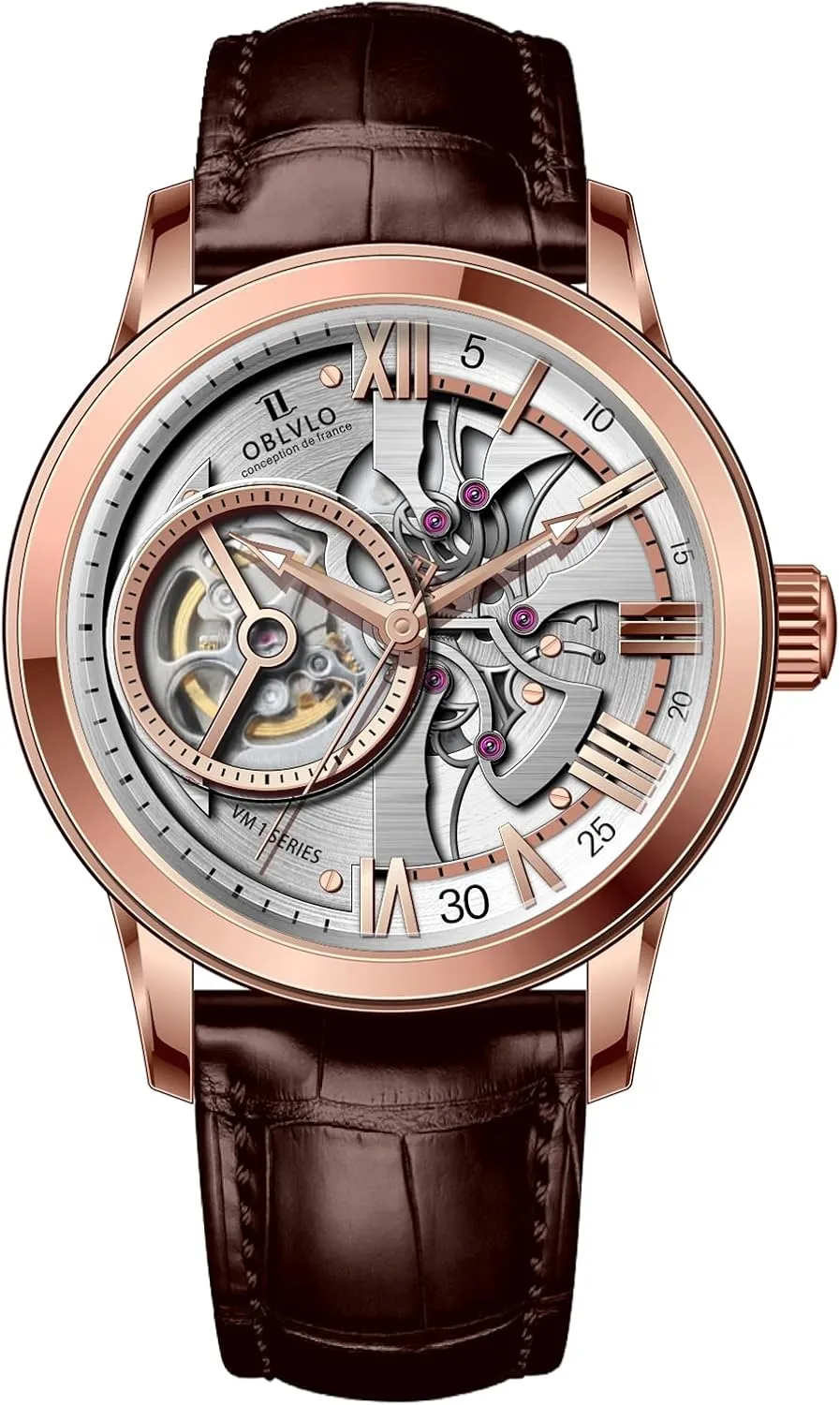 Blue welcome satisfaction crumple capacity igneous Skeleton Dial, Rose Gold Case, Leather Band Luxury Automatic Watch, 