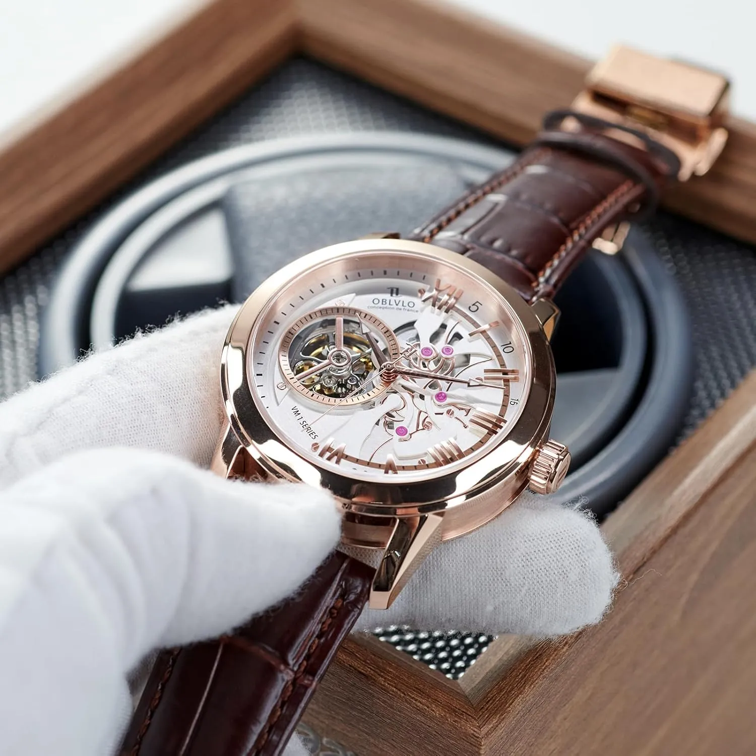 Blue welcome satisfaction crumple capacity igneous Skeleton Dial, Rose Gold Case, Leather Band Luxury Automatic Watch, 