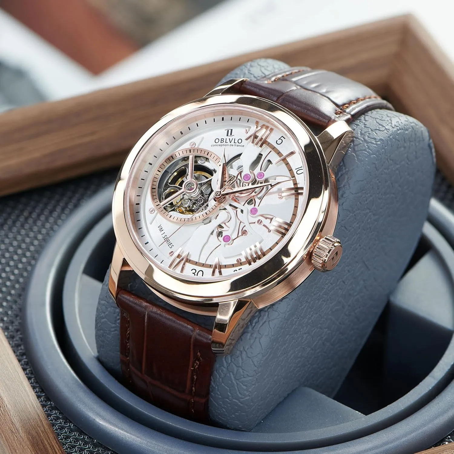 Blue welcome satisfaction crumple capacity igneous Skeleton Dial, Rose Gold Case, Leather Band Luxury Automatic Watch, 