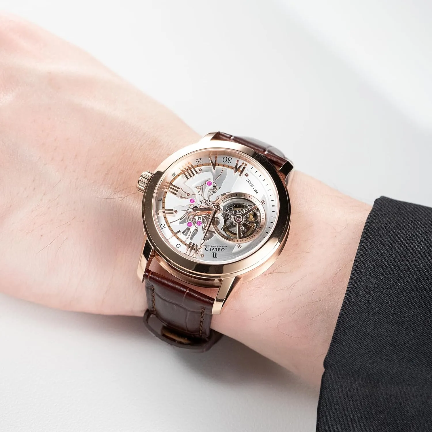 Blue welcome satisfaction crumple capacity igneous Skeleton Dial, Rose Gold Case, Leather Band Luxury Automatic Watch, 