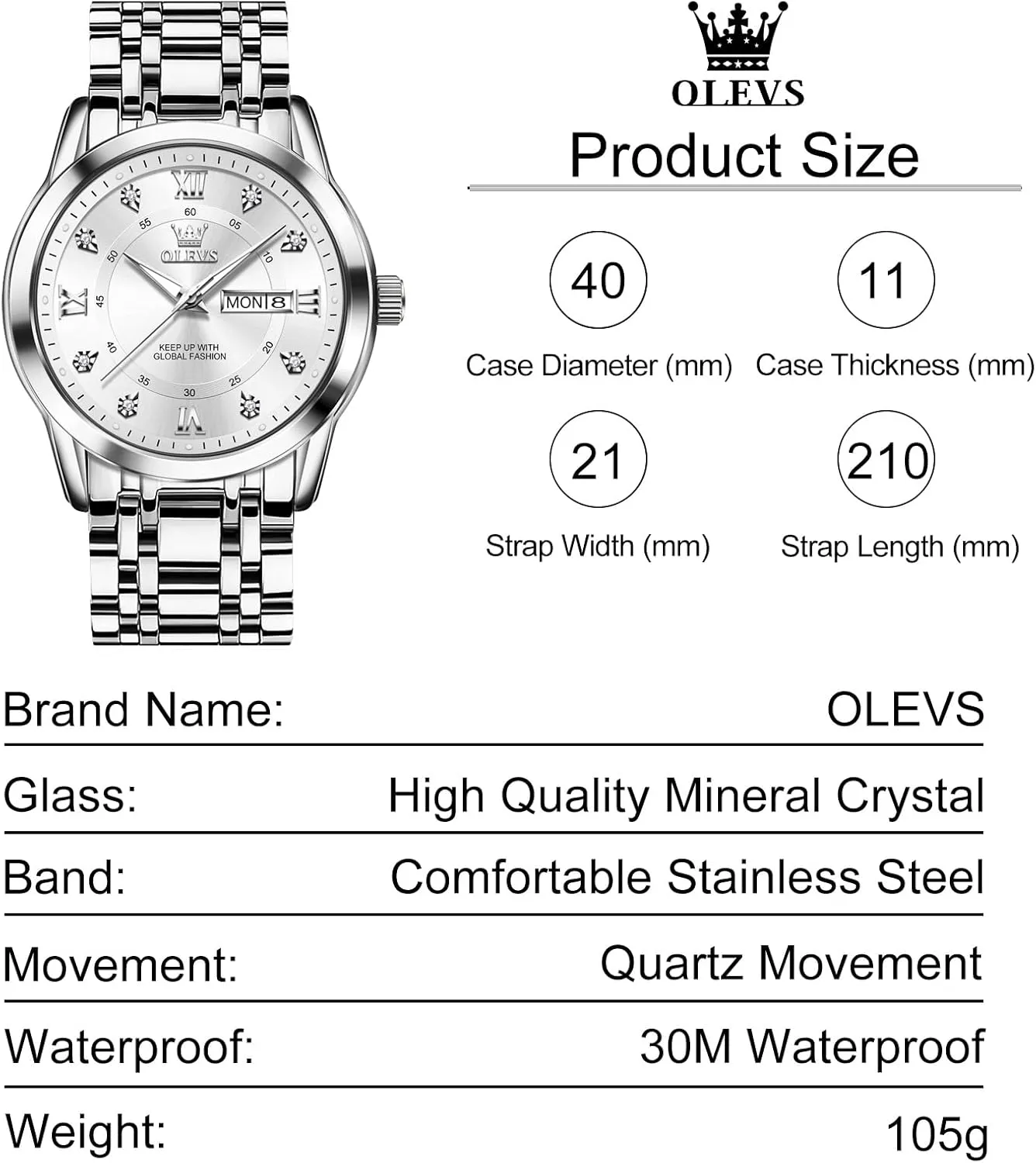 Blue/Black/Silver/Gold/Grey Dial OLEVS Stainless Steel Classic consider deficient subject shoe beach wound Watches, Large Face Quartz Dress Watches for Men, Easy to Read Men's Waterproof Watch with Day and Date, 