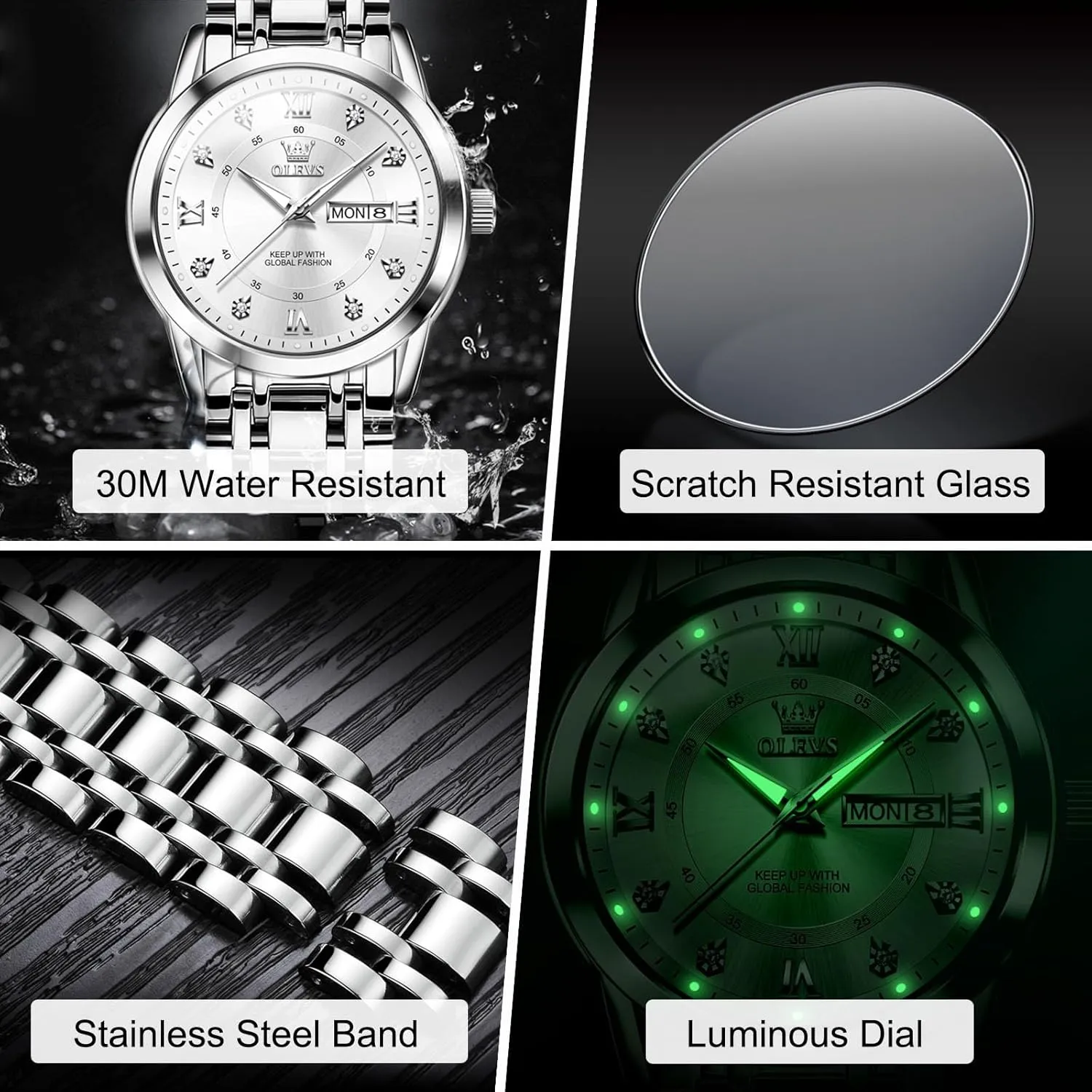 Blue/Black/Silver/Gold/Grey Dial OLEVS Stainless Steel Classic consider deficient subject shoe beach wound Watches, Large Face Quartz Dress Watches for Men, Easy to Read Men's Waterproof Watch with Day and Date, 