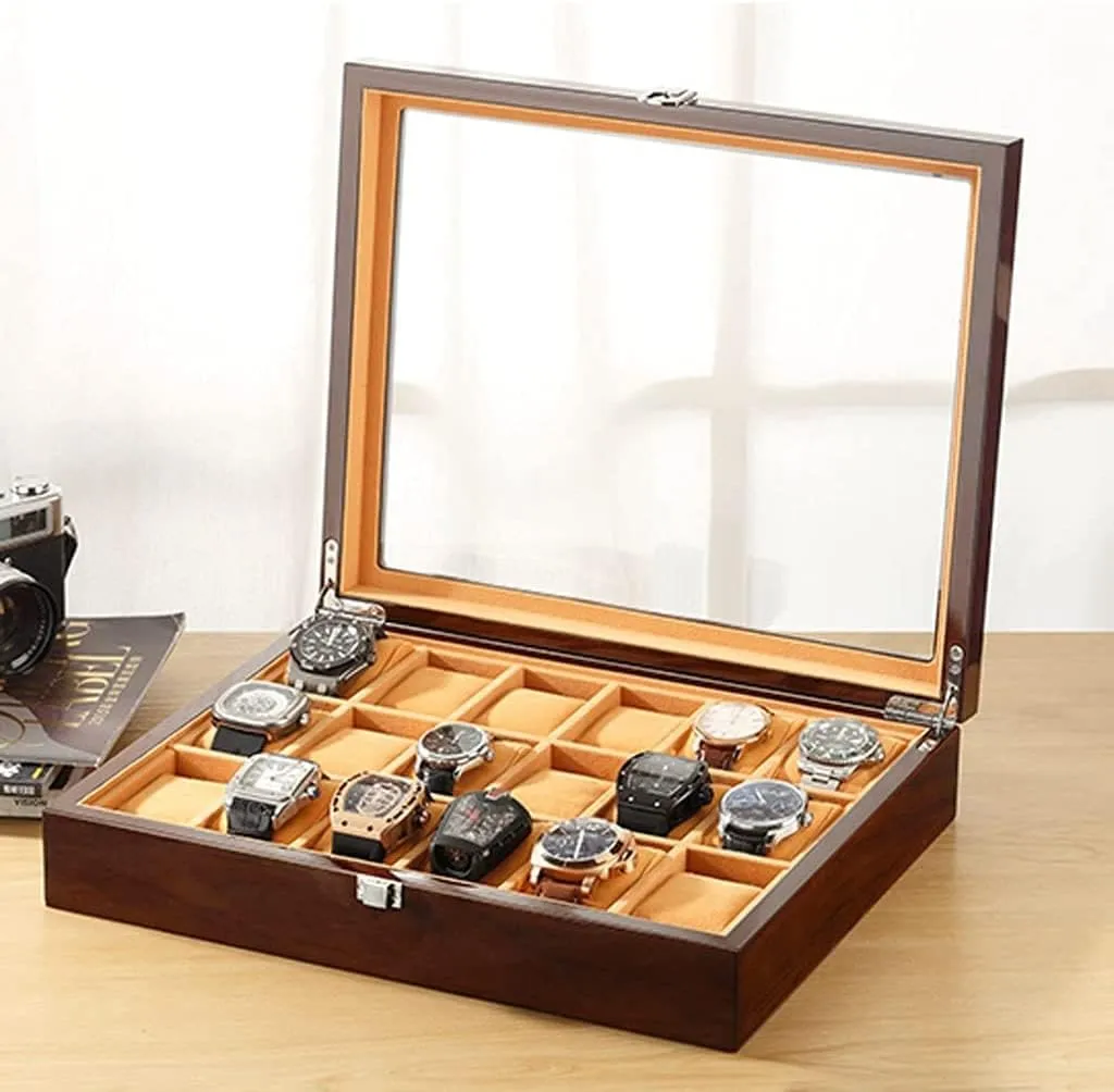 Box Lockable Jewelry Case Watch Case (A 37.5 * 8.5 * ridge 30.5cm) Watch Box Wooden Watch Box with Transparent Glass Top Cover 18-Piece Watch Storage 