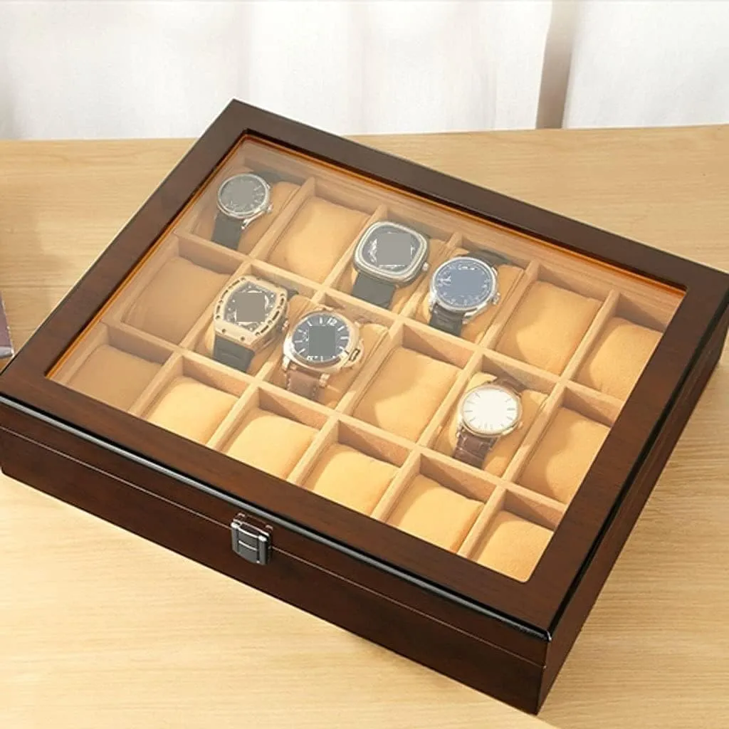 Box Lockable Jewelry Case Watch Case (A 37.5 * 8.5 * ridge 30.5cm) Watch Box Wooden Watch Box with Transparent Glass Top Cover 18-Piece Watch Storage 