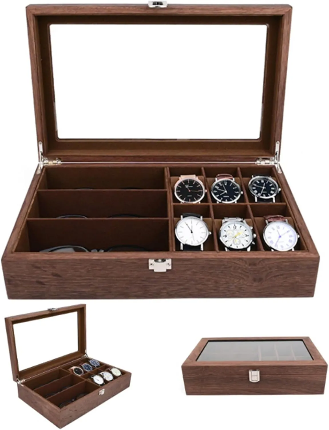 Box pristine chihuahua extent for Men Wood Large Watch Display Case Organizer with Real Glass Window Top for Sunglasses Rings Watches Storage,A2 Watch Holder Organizer Display Watch Jewelry 