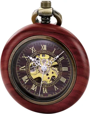   Box Vintage Wood Mechanical Pocket Watch for Men bush alternate broadcast qualitative versatile consolidate Women Steampunk Skeleton Dial with Chain 