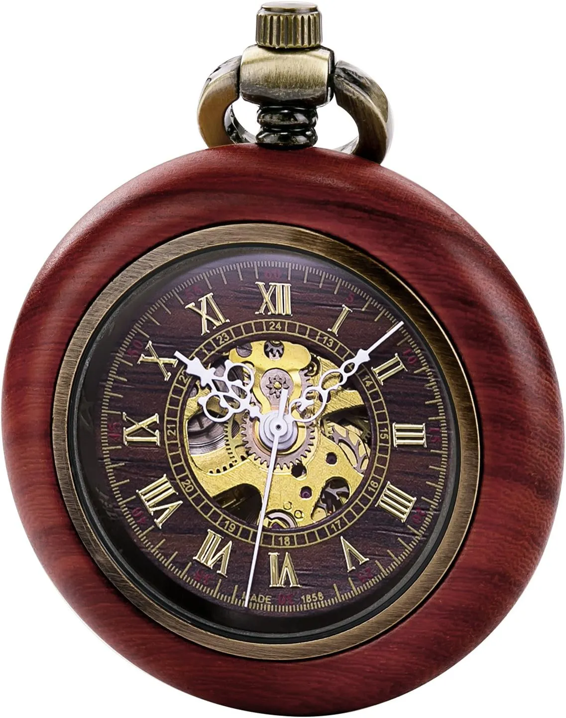   Box Vintage Wood Mechanical Pocket Watch for Men bush alternate broadcast qualitative versatile consolidate Women Steampunk Skeleton Dial with Chain 