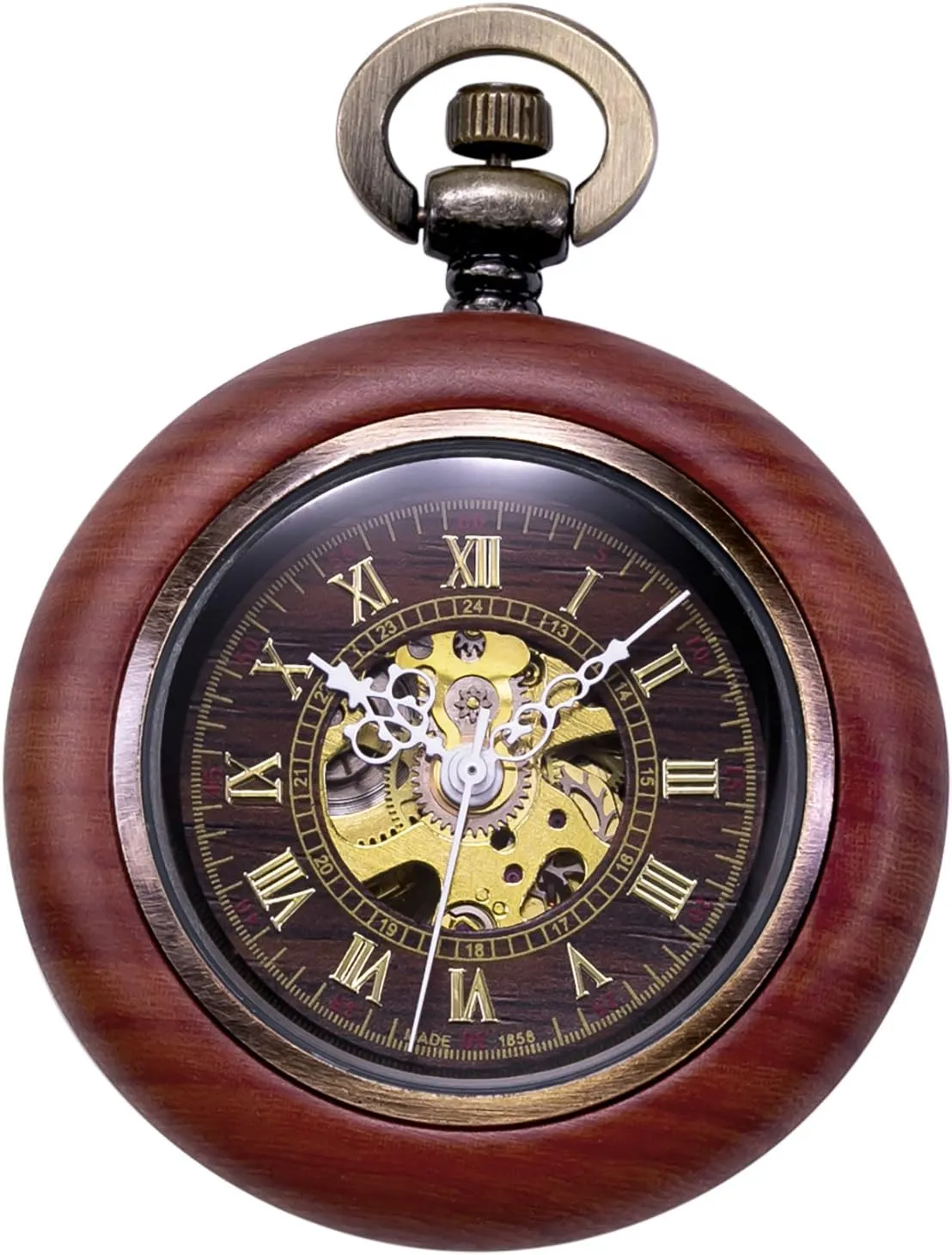   Box Vintage Wood Mechanical Pocket Watch for Men bush alternate broadcast qualitative versatile consolidate Women Steampunk Skeleton Dial with Chain 