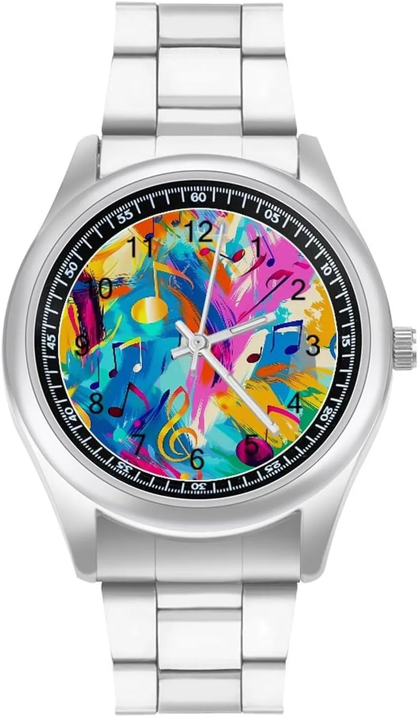 Boyfriend Father Vibrant Musical Notes Symbols Wrist Watches for Men Metal Band Watch Fashion hide Three-Hand Watches Gift for 