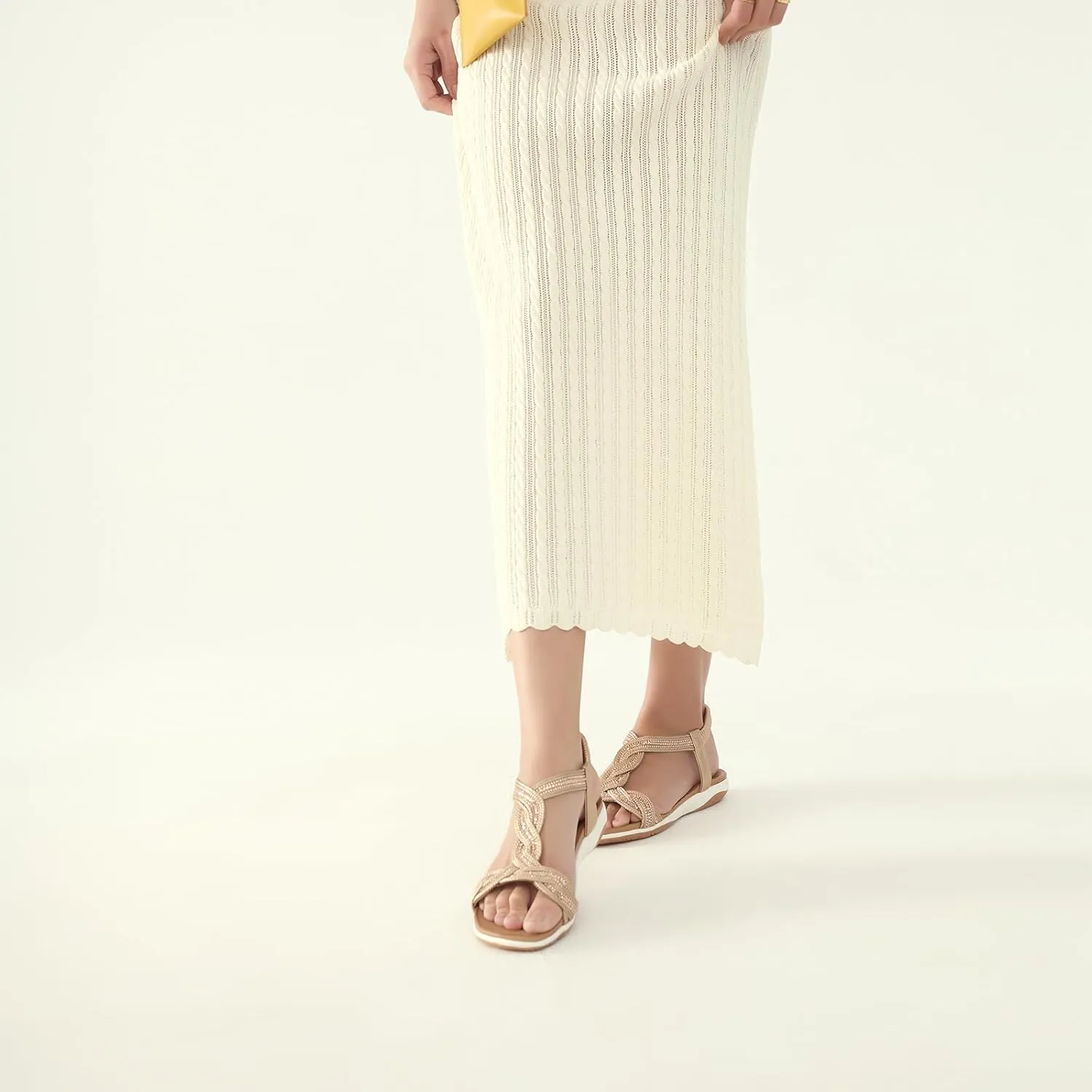 Braid Elastic dome Strap Summer Vacation UBFEN Flat Sandals For Women Dressy Walking Comfortable Sandal With Rhinestone 