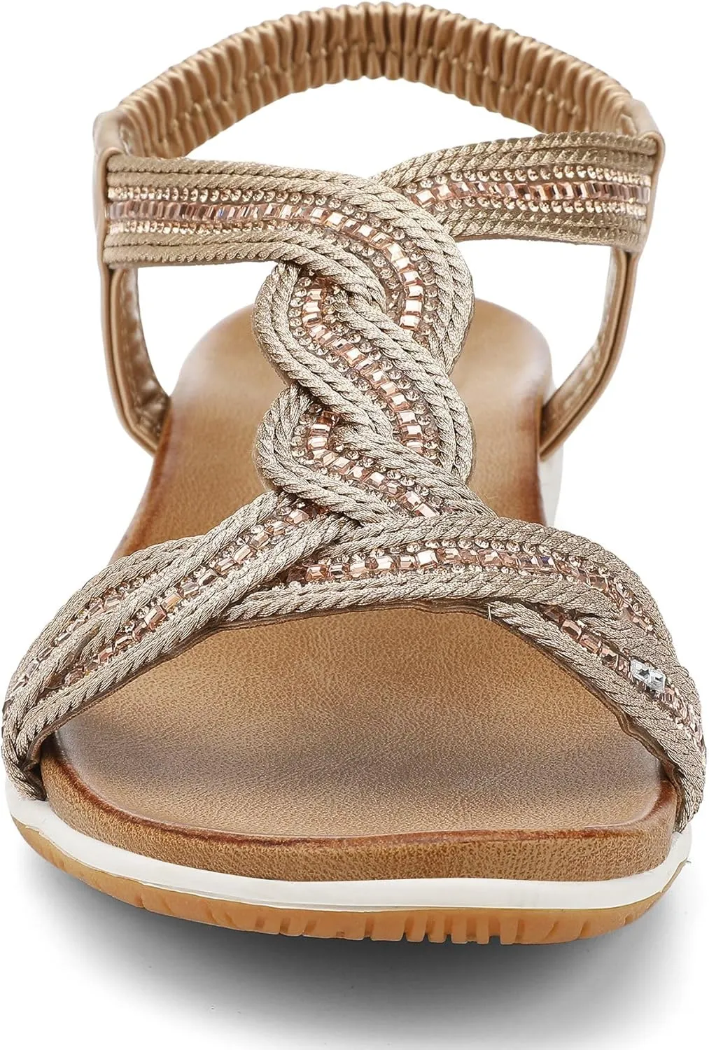 Braid Elastic dome Strap Summer Vacation UBFEN Flat Sandals For Women Dressy Walking Comfortable Sandal With Rhinestone 