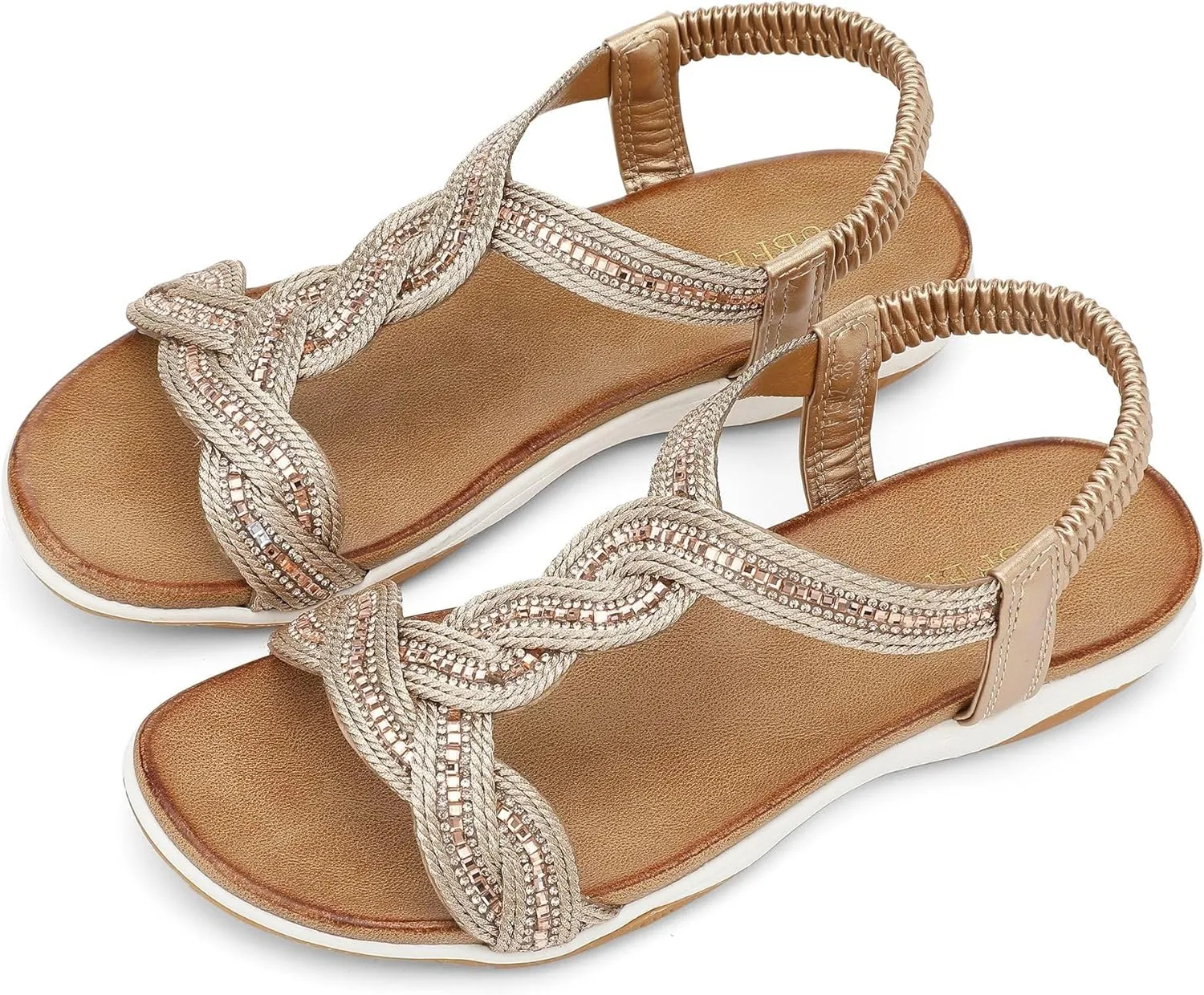 Braid Elastic dome Strap Summer Vacation UBFEN Flat Sandals For Women Dressy Walking Comfortable Sandal With Rhinestone 