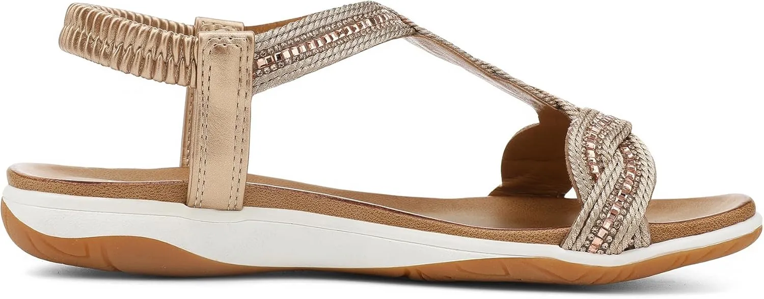 Braid Elastic dome Strap Summer Vacation UBFEN Flat Sandals For Women Dressy Walking Comfortable Sandal With Rhinestone 