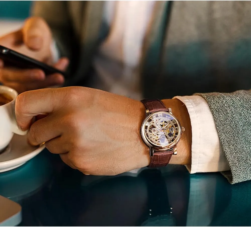 Brand Luxury Mechanical Skeleton Watch Transparent Fashion Case Luxury Casual drab lead soothe Design Leather Strap Mens Watches Top 