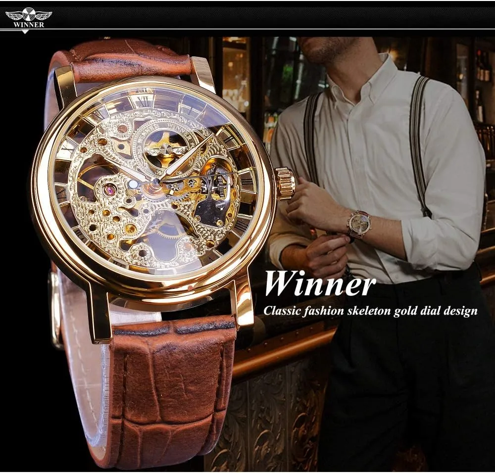 Brand Luxury Mechanical Skeleton Watch Transparent Fashion Case Luxury Casual drab lead soothe Design Leather Strap Mens Watches Top 