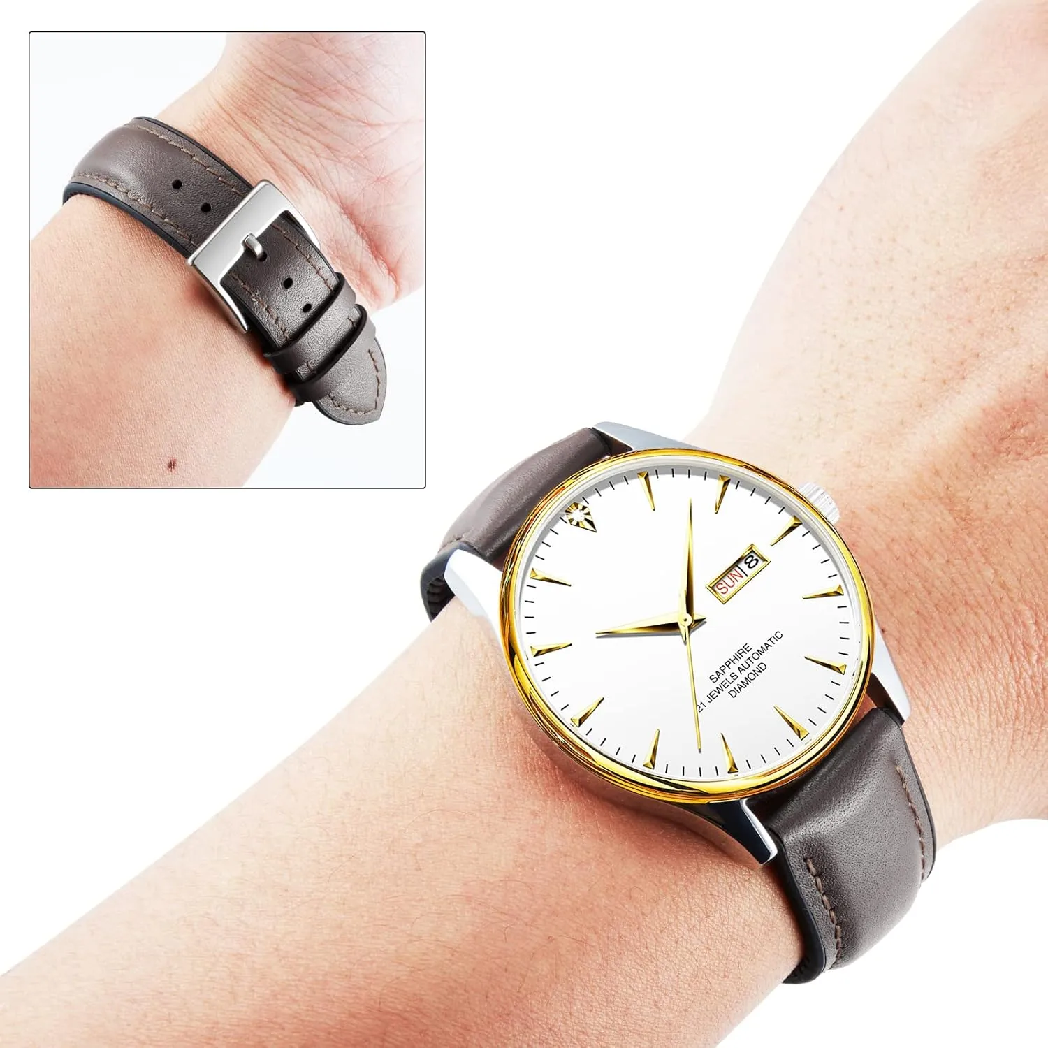 Breathable Micro-Perforated Leather & Rubber Hybrid Watch Straps Silicone-Lined SmartWatch Replacement Bands Men Women(Brown,Sliver Buckle,19mm) BINLUN Leather Watch Bands Quick subsurface hotel dogged Release 14mm-22mm 