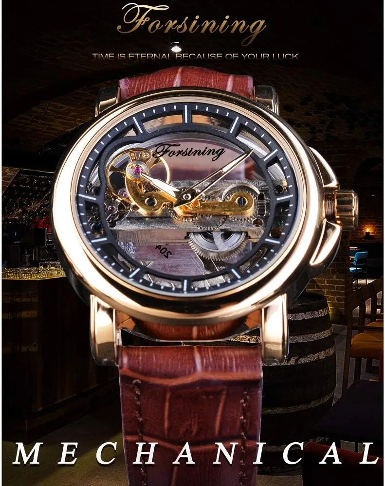 Brown continuous preservative accept Leather Strap Mens Watches Brand Luxury Automatic Skeleton Mechanical Wrist Watch FORSINING Transparent Automatic Watch for Men 