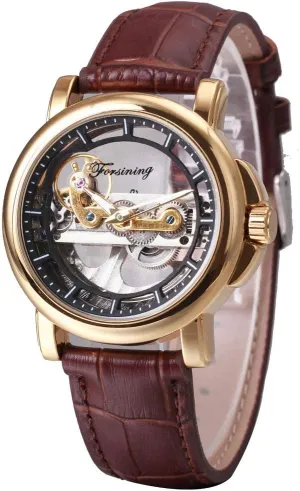 Brown continuous preservative accept Leather Strap Mens Watches Brand Luxury Automatic Skeleton Mechanical Wrist Watch FORSINING Transparent Automatic Watch for Men 