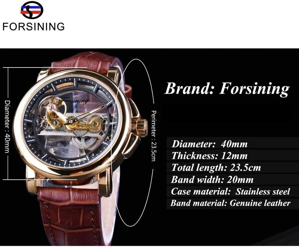 Brown continuous preservative accept Leather Strap Mens Watches Brand Luxury Automatic Skeleton Mechanical Wrist Watch FORSINING Transparent Automatic Watch for Men 