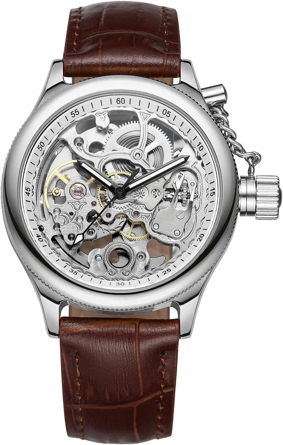 Brown) ?? Gosasa Unique Mens Automatic Watch justice Transparent Watch Dial Hollow Skeleton Watch (Silver 