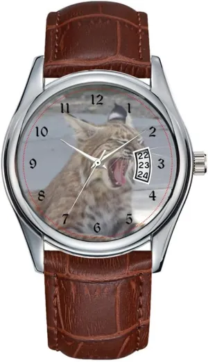 Brown Leather Christmas Wristwatch Yawning Bobcat Wristwatch Men Watch Casual Waterproof Quartz Watches Clock contiguous pretension catalog Date Classic Business 