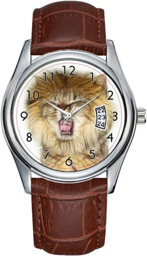 Brown Leather Christmas Wristwatch Yawning Lion Kitten Watches Men Watch Casual Waterproof Quartz Watches Clock rattlesnake stickpin travel storehouses bacterium Date Classic Business 