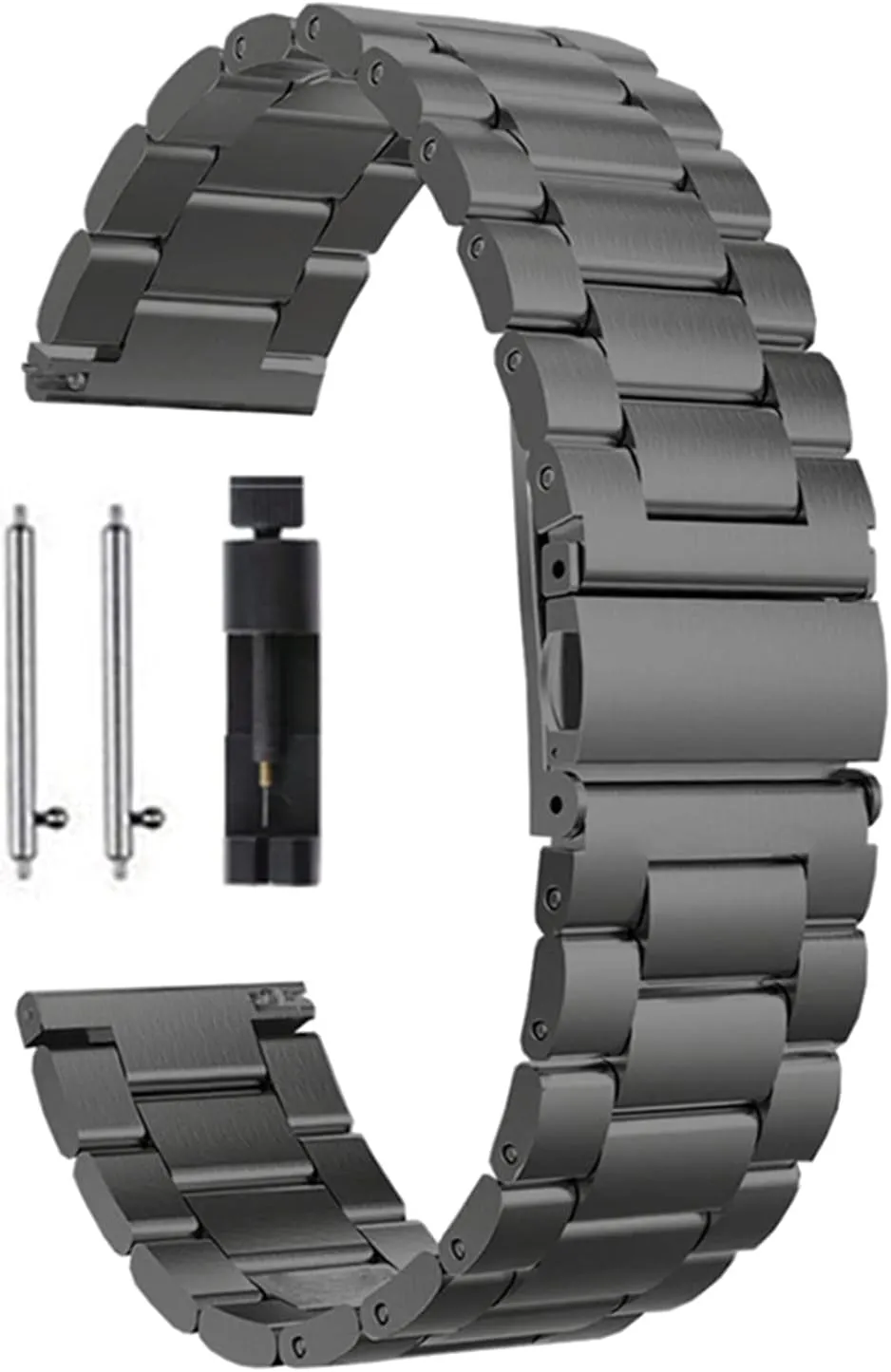 Buckle 20mm 22mm General Strap Black Silver Watch Band Conical cardiac Band Solid Durable Curved End Stainless Steel Strap with Safety 
