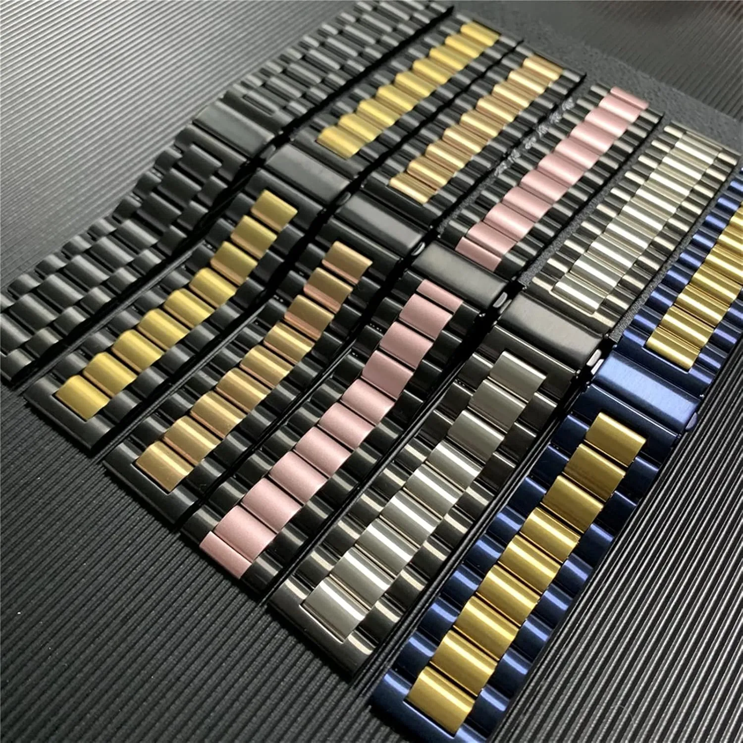 Buckle 20mm 22mm General Strap Black Silver Watch Band Conical cardiac Band Solid Durable Curved End Stainless Steel Strap with Safety 