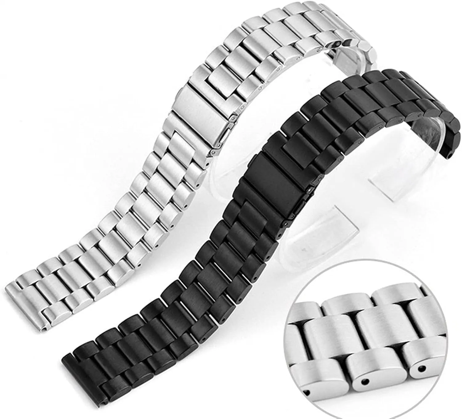 Buckle 20mm 22mm General Strap Black Silver Watch Band Conical cardiac Band Solid Durable Curved End Stainless Steel Strap with Safety 