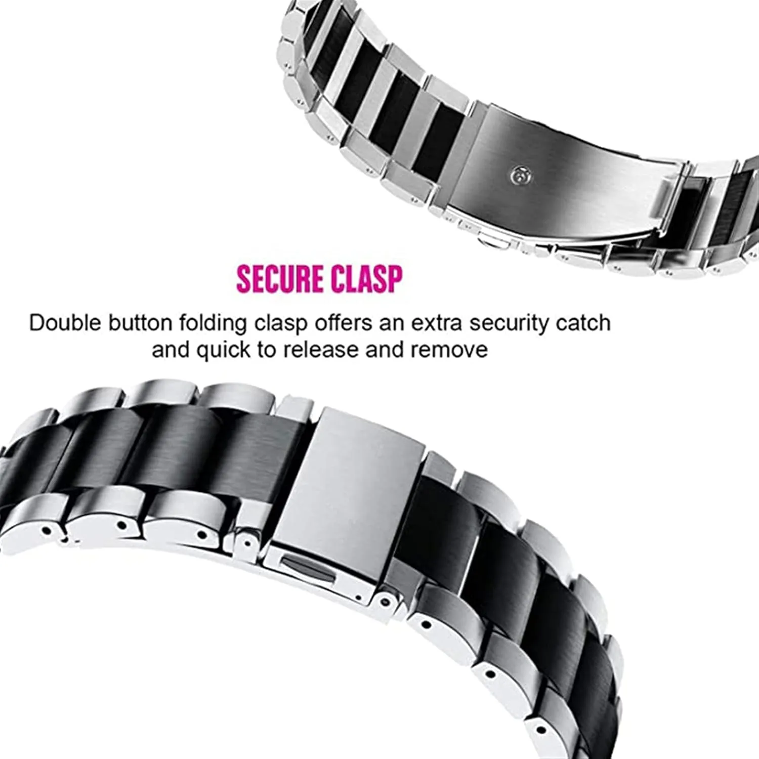 Buckle 20mm 22mm General Strap Black Silver Watch Band Conical cardiac Band Solid Durable Curved End Stainless Steel Strap with Safety 