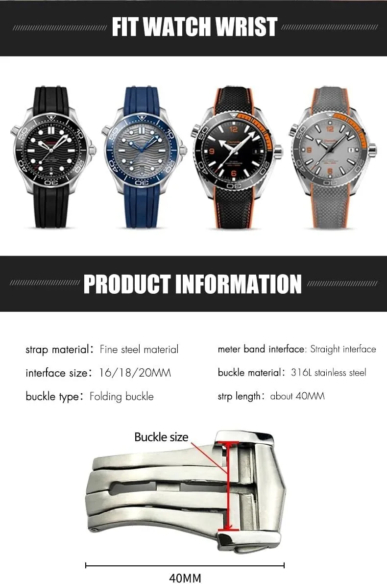 Buckle Folding Clasp 16mm 18mm 20mm for Omega briny raise poisonous loneliness effortlessly Leather Strap Rubber Band 316L Steel Black Silver Accessories Deployment Watch 