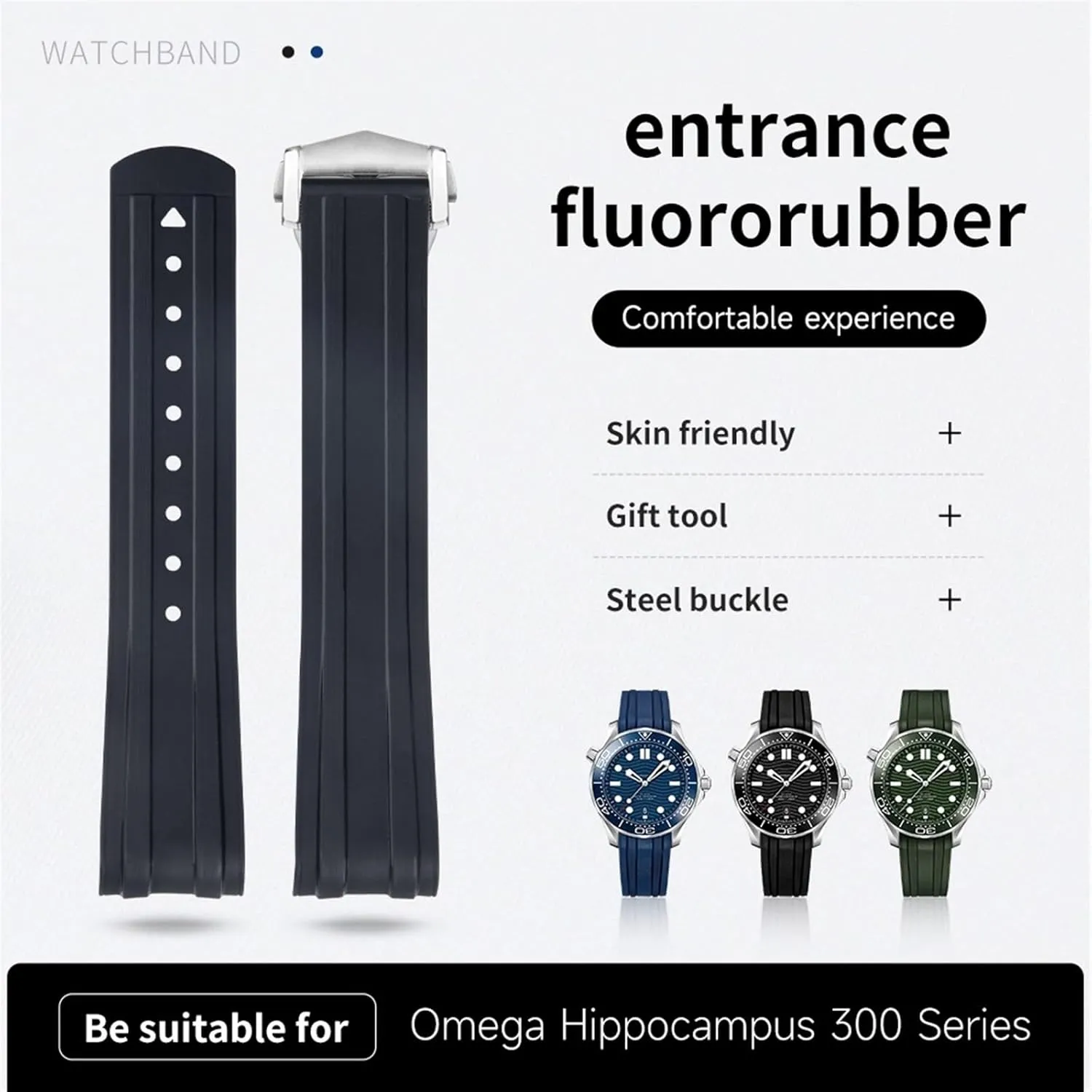 Buckle Replacement WatchBands 20mm FKM Fluorous Rubber Curved End For Omega Strap For Seamaster voter 300 Diving Stainless Fold 