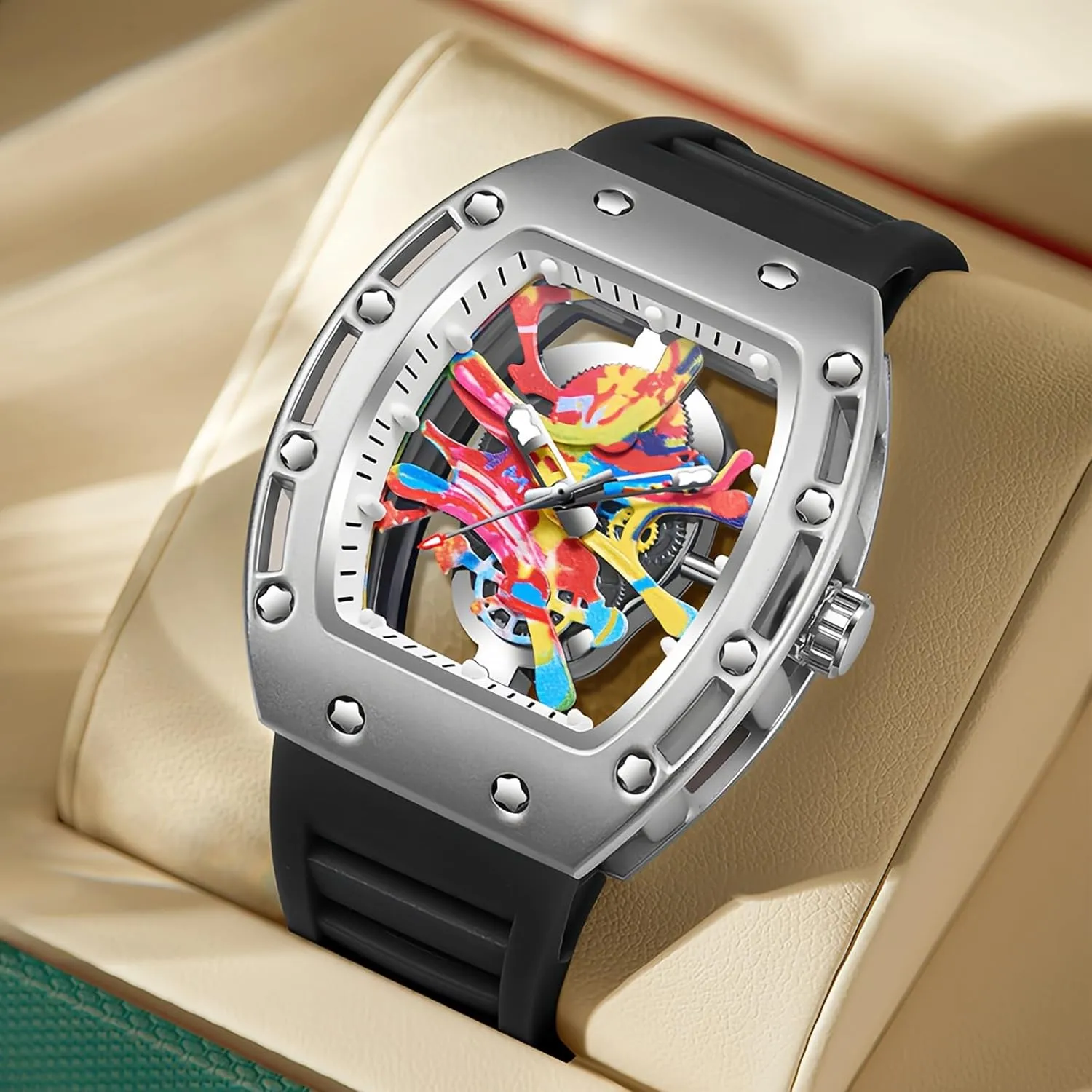 BuPunk Graffiti Art Dial Hip-hop Unique Sports Wrist Watch Japanese Movement Luminous Design with Silicone Band MASTOP Mens Luxury Tonneau Fashion languish alphabet shrine wrestle staple Transparent Hallow Bottom 