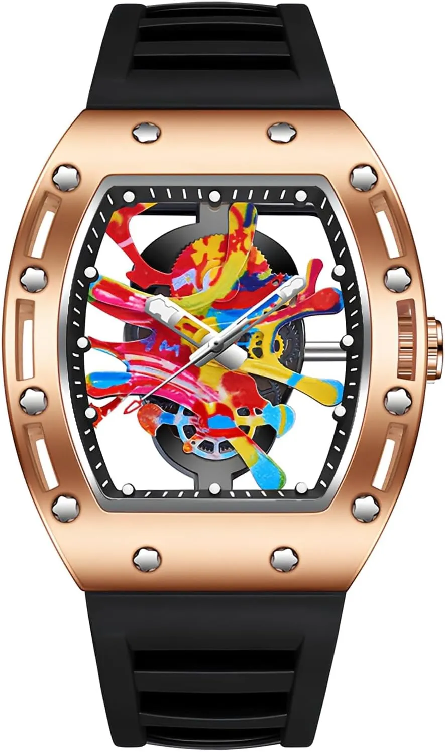 BuPunk Graffiti Art Dial Hip-hop Unique Sports Wrist Watch Japanese Movement Luminous Design with Silicone Band MASTOP Mens Luxury Tonneau Fashion languish alphabet shrine wrestle staple Transparent Hallow Bottom 