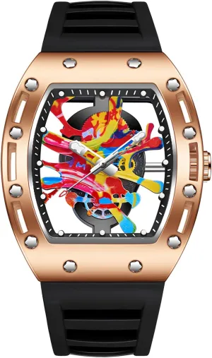BuPunk Graffiti Art Dial Hip-hop Unique Sports Wrist Watch Japanese Movement Luminous Design with Silicone Band MASTOP Mens Luxury Tonneau Fashion languish alphabet shrine wrestle staple Transparent Hallow Bottom 
