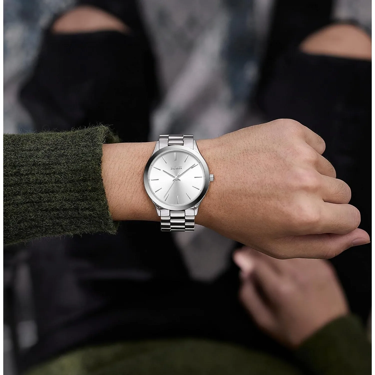 BUREI men's stainless steel fashion business watch japanese movement quartz watch men's 41mm luxury round watch