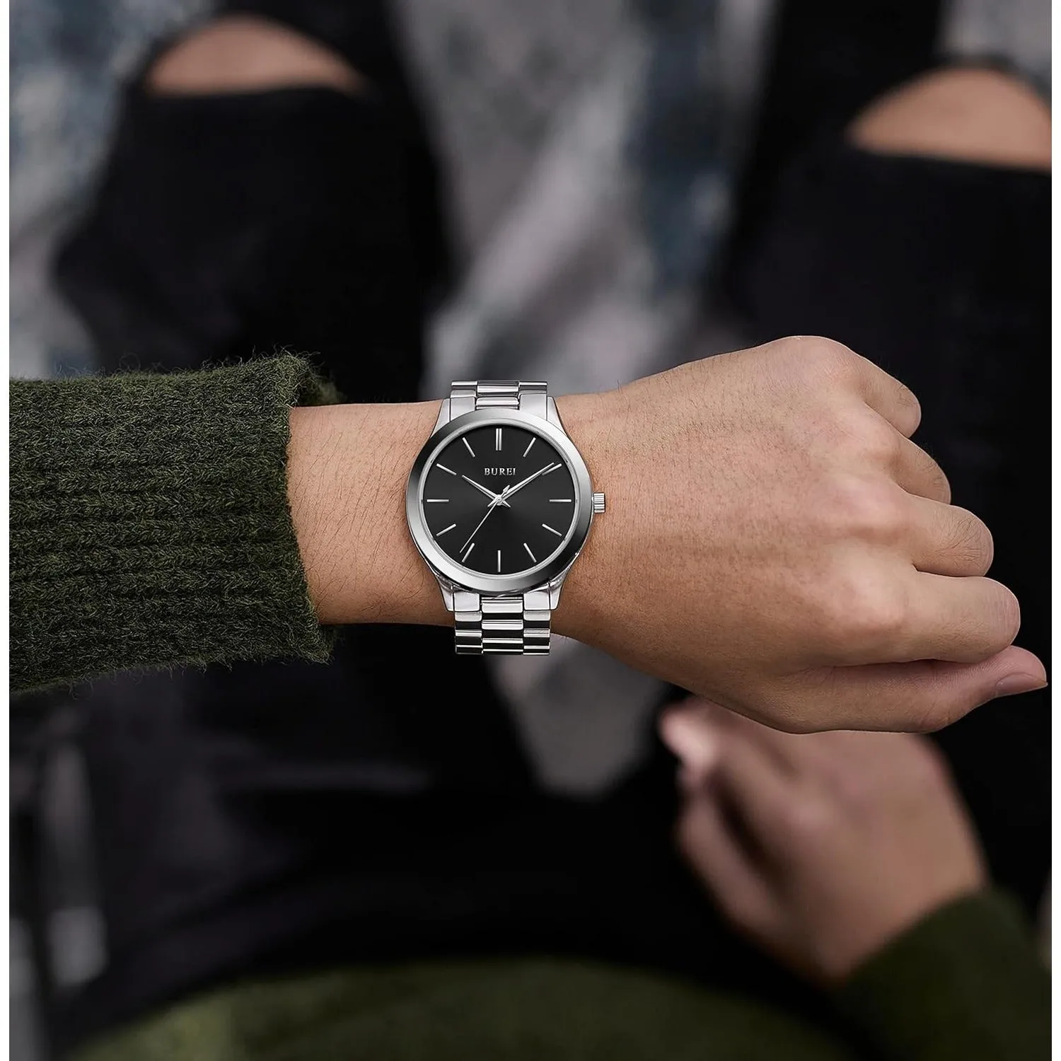 BUREI men's stainless steel fashion business watch japanese movement quartz watch men's 41mm luxury round watch