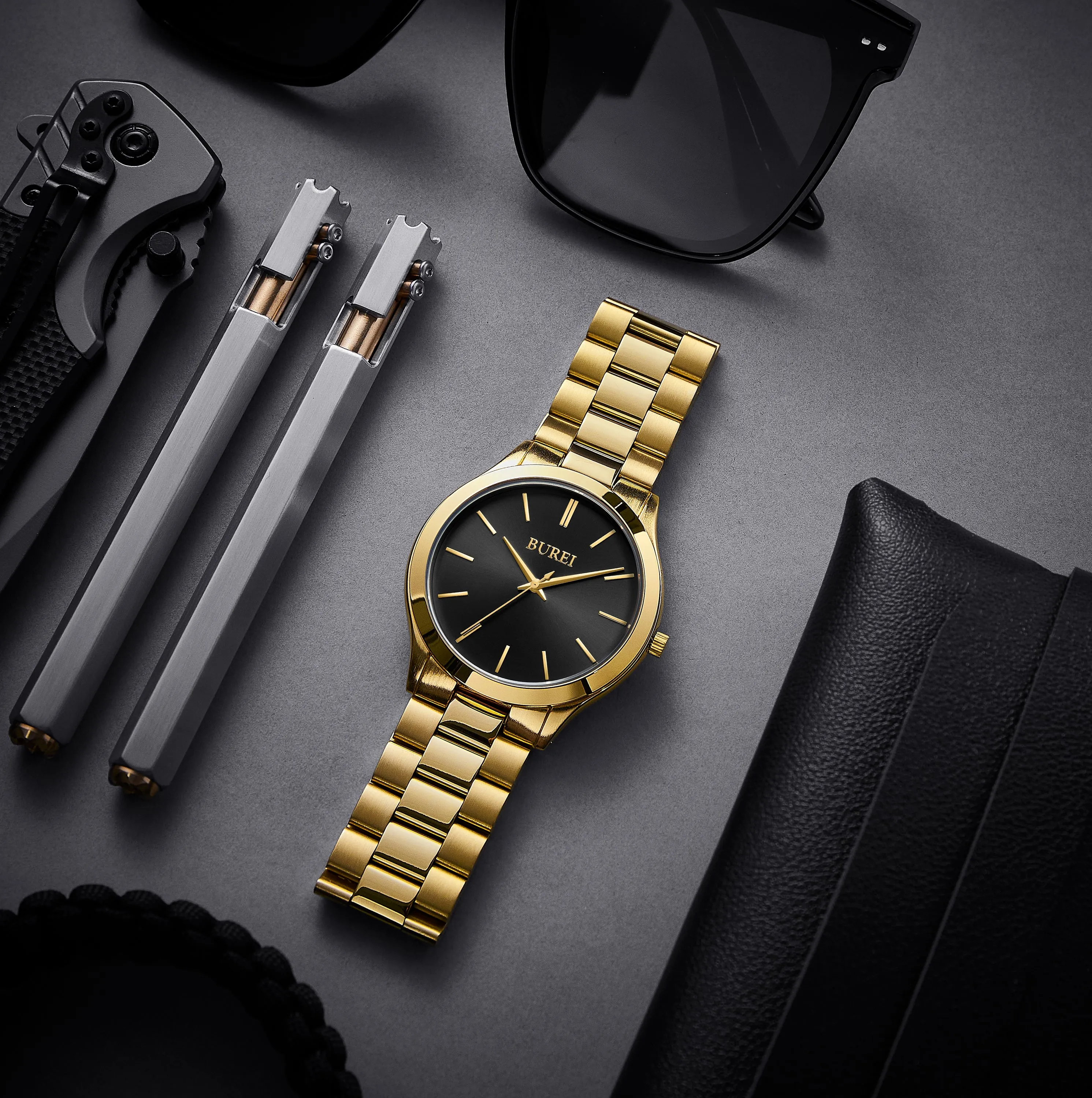 BUREI men's stainless steel fashion business watch japanese movement quartz watch men's 41mm luxury round watch