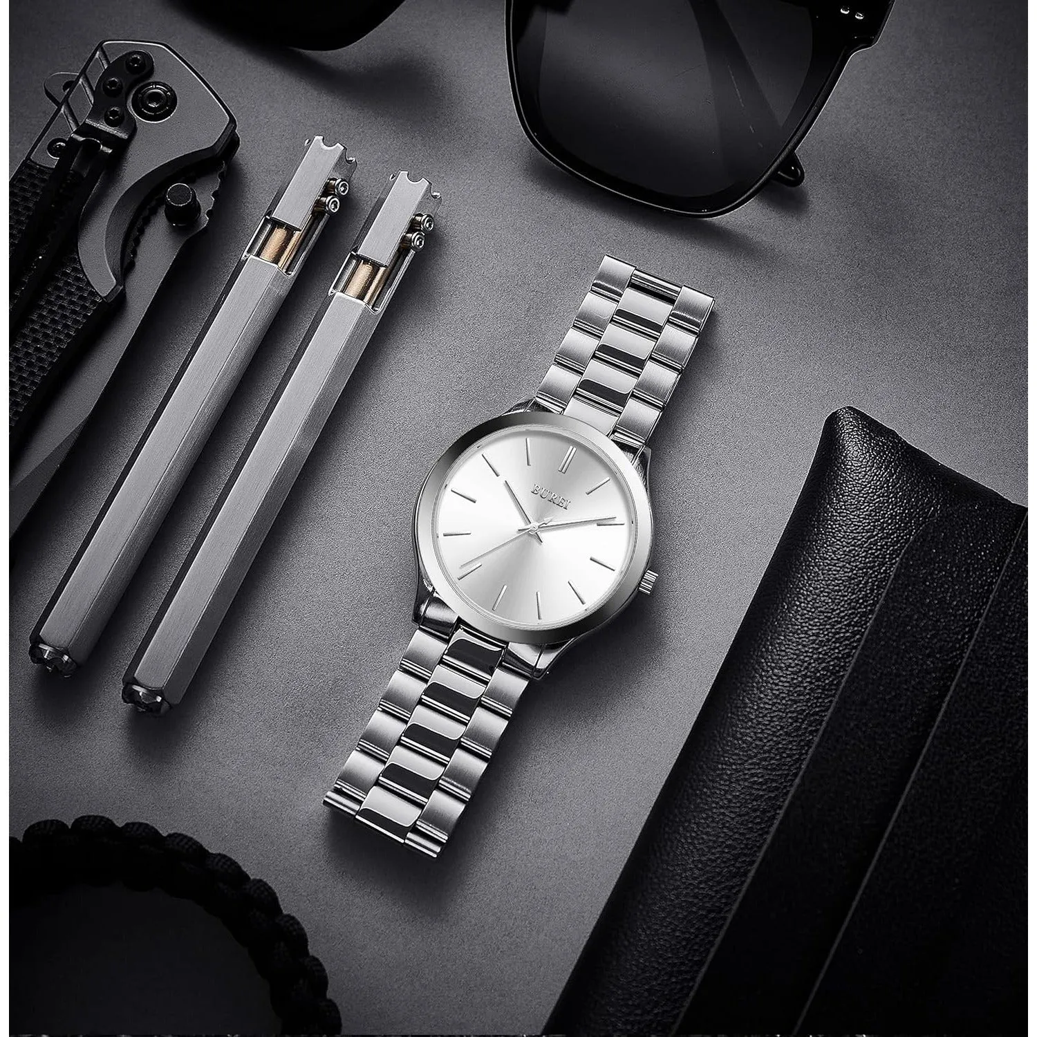 BUREI men's stainless steel fashion business watch japanese movement quartz watch men's 41mm luxury round watch