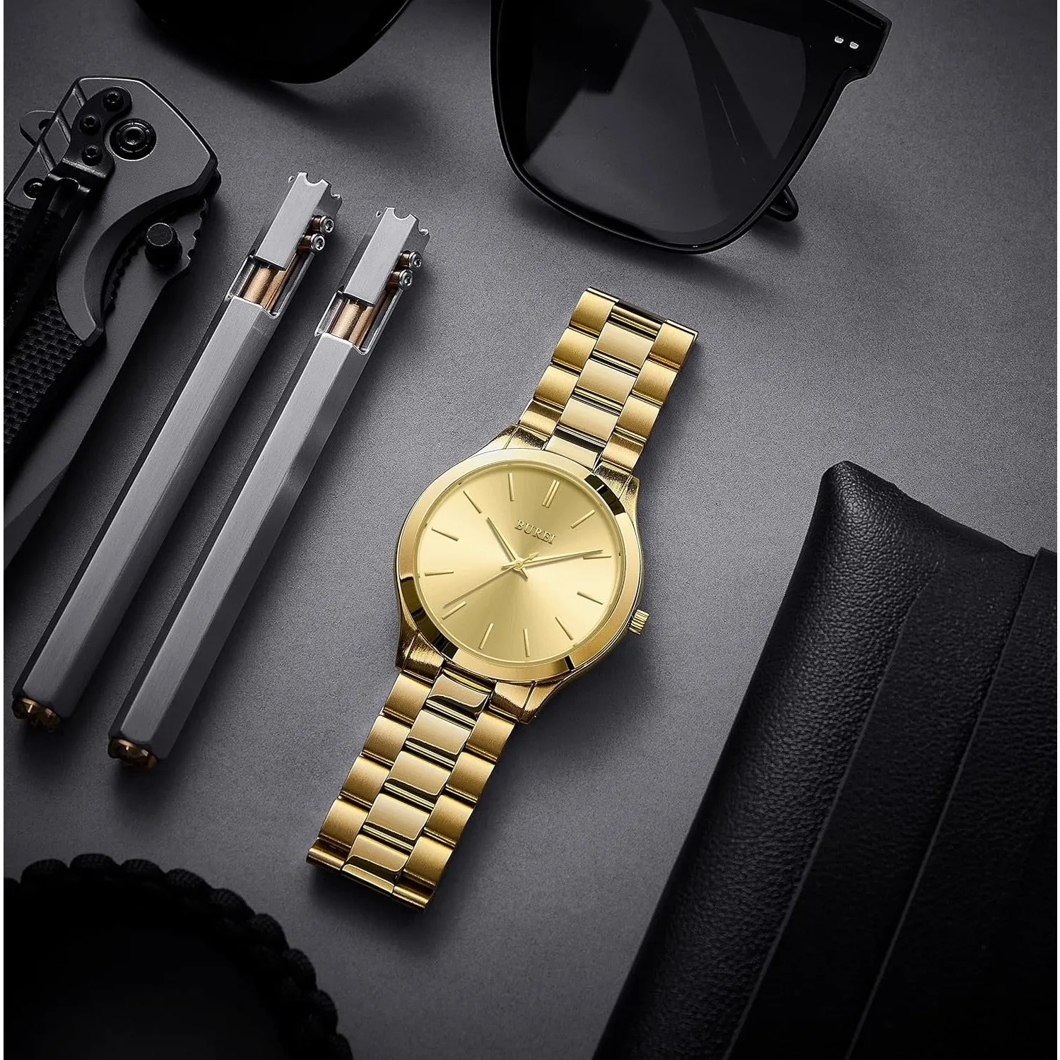 BUREI men's stainless steel fashion business watch japanese movement quartz watch men's 41mm luxury round watch