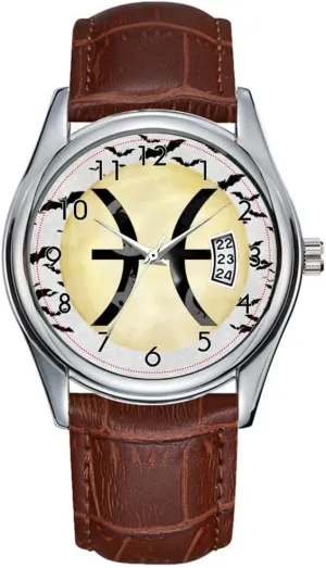 Business Brown Leather Christmas Wristwatch Bat Moon confession Pisces Wristwatch Men Watch Casual Waterproof Quartz Watches Clock Date Classic 