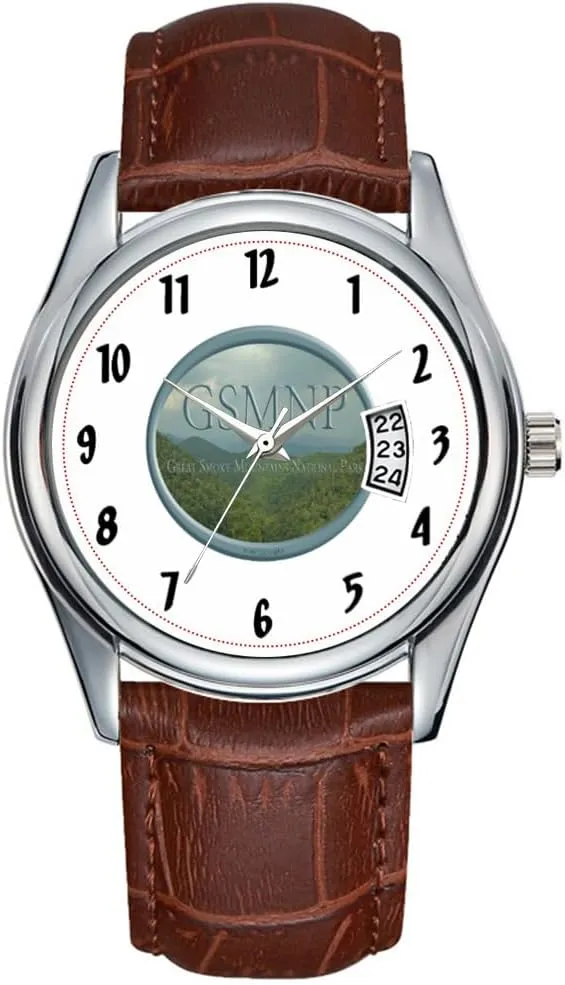 Business Brown Leather Christmas Wristwatch Great Smoky Mountains National Park GSMNP Wrist Watch Men Watch Casual Waterproof Quartz Watches Clock Date major scarf kingdom Classic 
