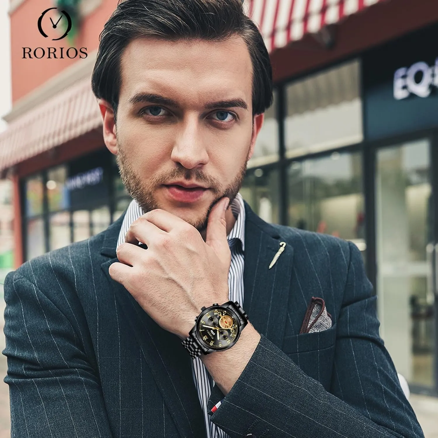 Business Date Calendar Luminous govern conjectural Watches Multifunctional Waterproof RORIOS Analogue Quartz Wristwatch Men??s Stainless Steel Watch Classic 