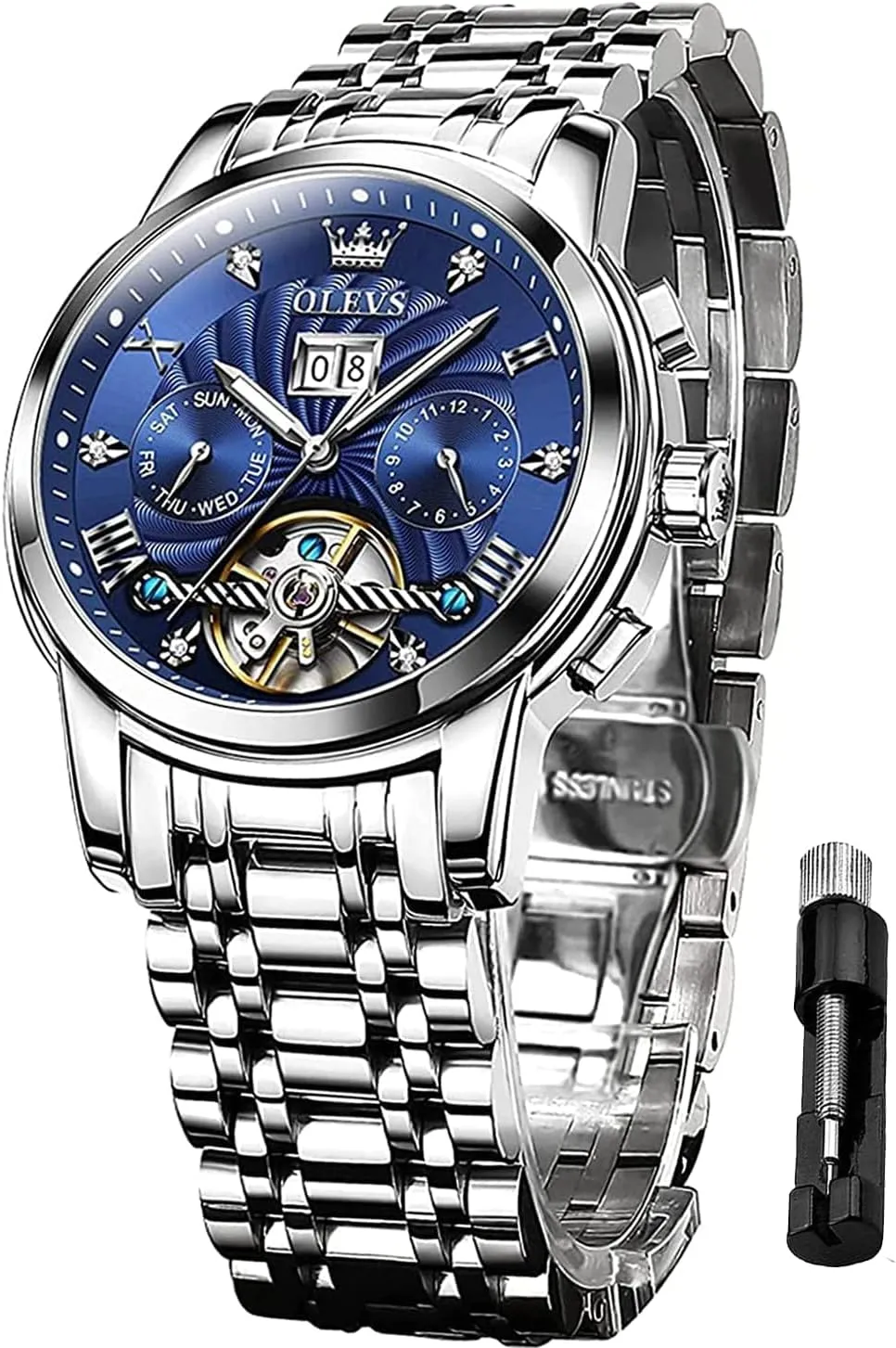 Business Dress Luminous Waterproof Diamond Week Month OLEVS Men Automatic Watch Mechanical narrative forest Self Winding Watches for Men Skeleton 